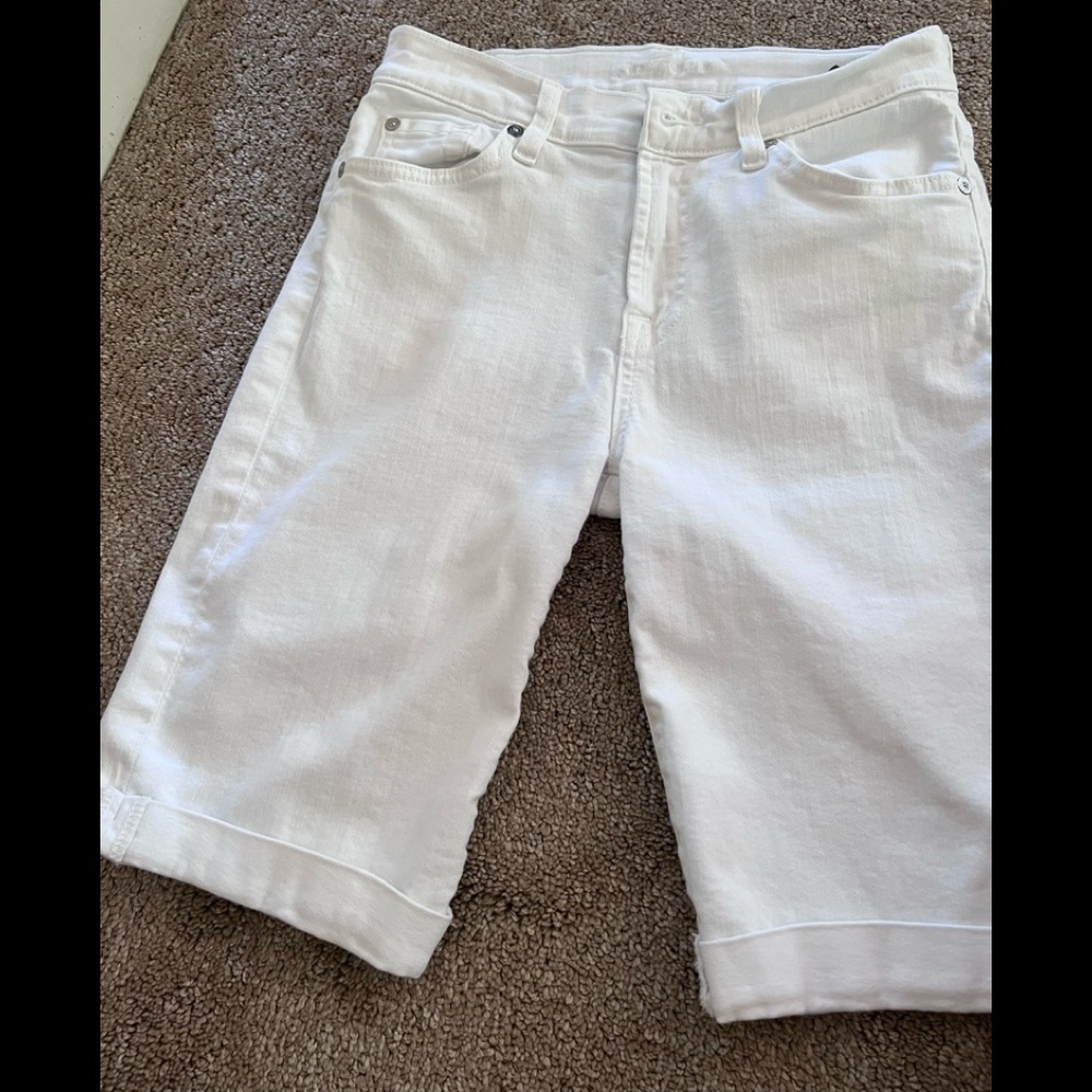 7 for all mankind white jean shorts 🤍mid rise cuffed; sold in neiman marcus